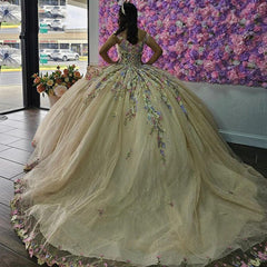 Misshow Off-Shoulder Ball Gown with 3D Floral Applique & Beaded Tulle Perfect for Quinceanera & Sweet 16 Celebrations