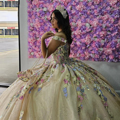 Misshow Off-Shoulder Ball Gown with 3D Floral Applique & Beaded Tulle Perfect for Quinceanera & Sweet 16 Celebrations