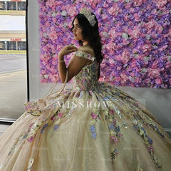 Misshow Off-Shoulder Ball Gown with 3D Floral Applique & Beaded Tulle Perfect for Quinceanera & Sweet 16 Celebrations