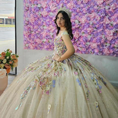 Misshow Off-Shoulder Ball Gown with 3D Floral Applique & Beaded Tulle Perfect for Quinceanera & Sweet 16 Celebrations