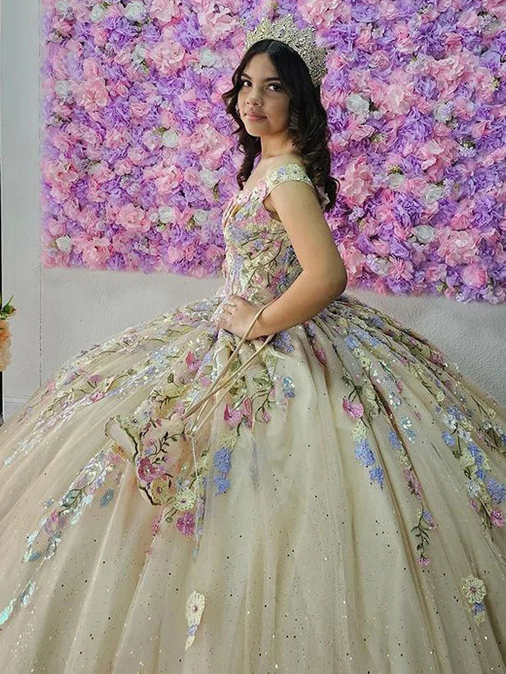 Misshow Off-Shoulder Ball Gown with 3D Floral Applique & Beaded Tulle Perfect for Quinceanera & Sweet 16 Celebrations