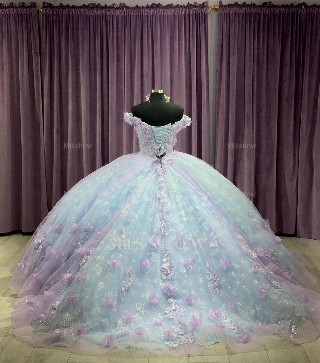 Misshow Off-Shoulder Ball Gown with 3D Floral Applique Princess Quinceanera & Sweet 16 Party Dress