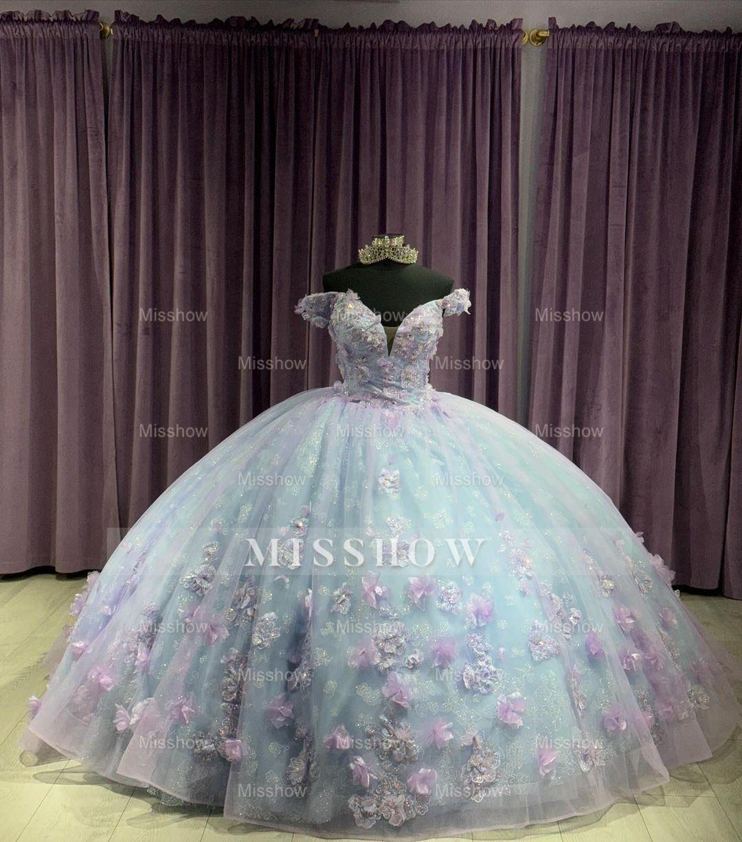 Misshow Off-Shoulder Ball Gown with 3D Floral Applique Princess Quinceanera & Sweet 16 Party Dress