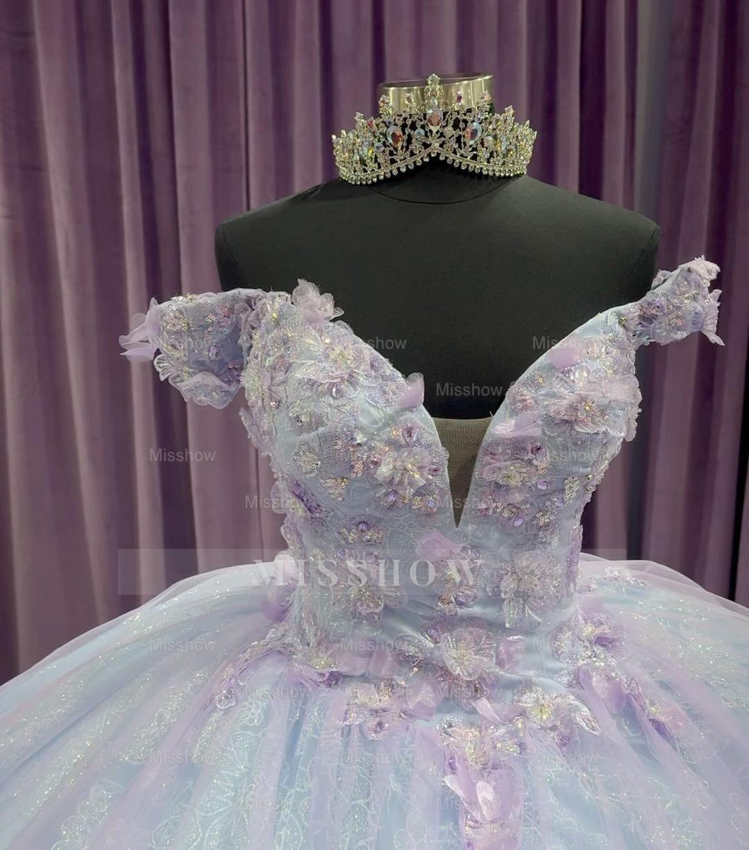 Misshow Off-Shoulder Ball Gown with 3D Floral Applique Princess Quinceanera & Sweet 16 Party Dress