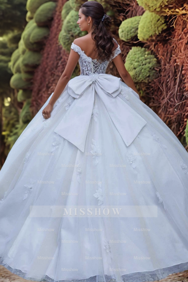 Misshow Off-Shoulder Ball Gown with 3D Floral Appliques Beaded Detailing & Lace-Up Back White Tulle Quinceanera Dress for Sweet 16 & Formal Evenings