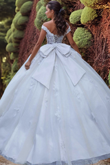 Misshow Off-Shoulder Ball Gown with 3D Floral Appliques Beaded Detailing & Lace-Up Back White Tulle Quinceanera Dress for Sweet 16 & Formal Evenings