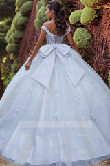 Misshow Off-Shoulder Ball Gown with 3D Floral Appliques Beaded Detailing & Lace-Up Back White Tulle Quinceanera Dress for Sweet 16 & Formal Evenings