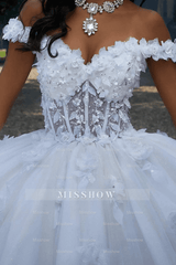 Misshow Off-Shoulder Ball Gown with 3D Floral Appliques Beaded Detailing & Lace-Up Back White Tulle Quinceanera Dress for Sweet 16 & Formal Evenings
