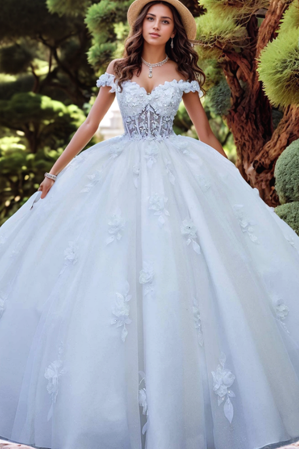 Misshow Off-Shoulder Ball Gown with 3D Floral Appliques Beaded Detailing & Lace-Up Back White Tulle Quinceanera Dress for Sweet 16 & Formal Evenings