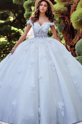 Misshow Off-Shoulder Ball Gown with 3D Floral Appliques Beaded Detailing & Lace-Up Back White Tulle Quinceanera Dress for Sweet 16 & Formal Evenings