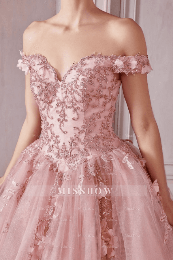 Misshow Off-Shoulder Ball Gown with 3D Floral Appliques & Beaded Lace-Up Detail Pink Tulle Quinceanera Dress for Sweet 16 & Birthday Celebrations