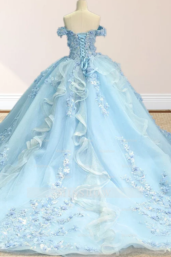 Misshow Off-Shoulder Ball Gown with 3D Floral Appliques & Lace-Up Back Baby Blue Tulle Quinceanera Dress for Sweet 16 & Birthday Parties