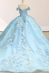 Misshow Off-Shoulder Ball Gown with 3D Floral Appliques & Lace-Up Back Baby Blue Tulle Quinceanera Dress for Sweet 16 & Birthday Parties