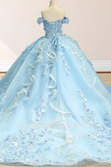 Misshow Off-Shoulder Ball Gown with 3D Floral Appliques & Lace-Up Back Baby Blue Tulle Quinceanera Dress for Sweet 16 & Birthday Parties