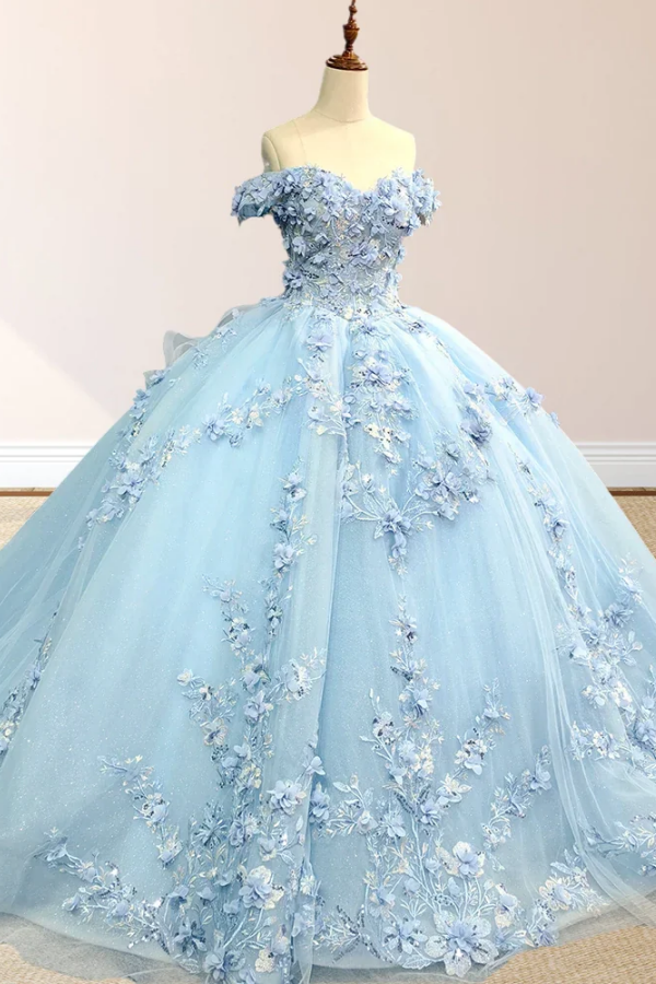 Misshow Off-Shoulder Ball Gown with 3D Floral Appliques & Lace-Up Back Baby Blue Tulle Quinceanera Dress for Sweet 16 & Birthday Parties