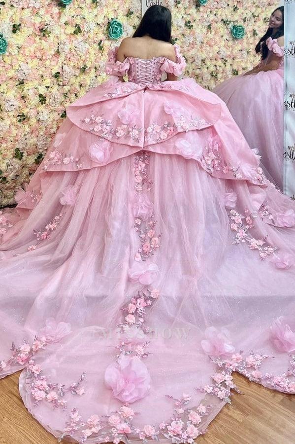 Misshow Off-Shoulder Ball Gown with 3D Floral Appliques Pink Tulle Quinceanera Dress for Princess-Themed Sweet 16 & Birthday Parties