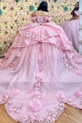 Misshow Off-Shoulder Ball Gown with 3D Floral Appliques Pink Tulle Quinceanera Dress for Princess-Themed Sweet 16 & Birthday Parties