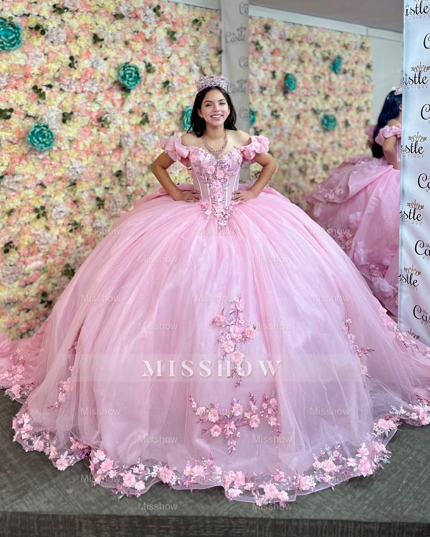 Misshow Off-Shoulder Ball Gown with 3D Floral Appliques Pink Tulle Quinceanera Dress for Princess-Themed Sweet 16 & Birthday Parties