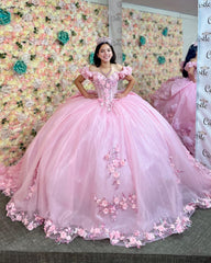 Misshow Off-Shoulder Ball Gown with 3D Floral Appliques Pink Tulle Quinceanera Dress for Princess-Themed Sweet 16 & Birthday Parties
