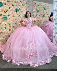 Misshow Off-Shoulder Ball Gown with 3D Floral Appliques Pink Tulle Quinceanera Dress for Princess-Themed Sweet 16 & Birthday Parties