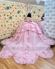 Misshow Off-Shoulder Ball Gown with 3D Floral Appliques Pink Tulle Quinceanera Dress for Princess-Themed Sweet 16 & Birthday Parties