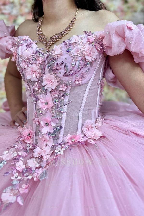 Misshow Off-Shoulder Ball Gown with 3D Floral Appliques Pink Tulle Quinceanera Dress for Princess-Themed Sweet 16 & Birthday Parties