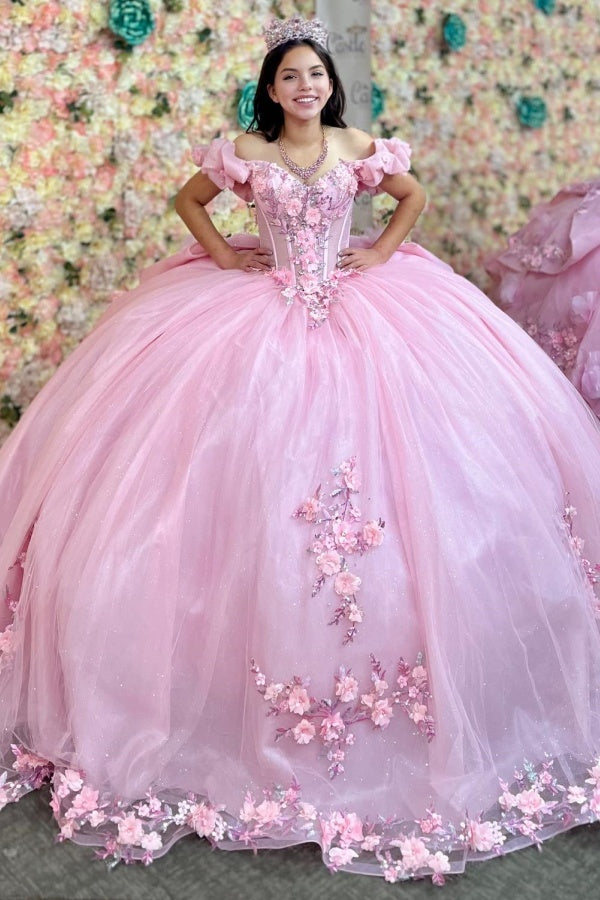 Misshow Off-Shoulder Ball Gown with 3D Floral Appliques Pink Tulle Quinceanera Dress for Princess-Themed Sweet 16 & Birthday Parties
