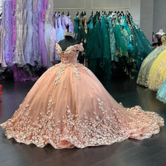 Misshow Off-Shoulder Ball Gown with 3D Floral Appliques Pink Tulle Quinceanera Dress with Sweep Train