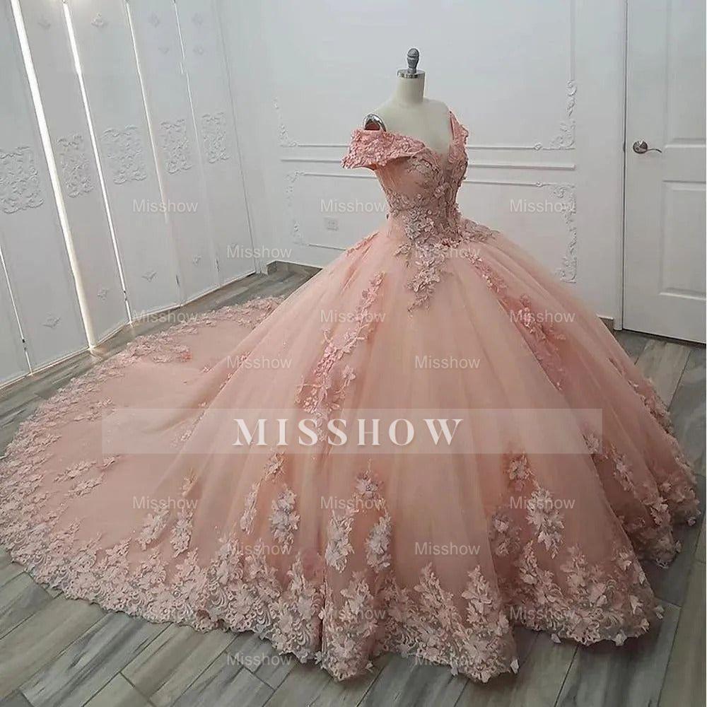 Misshow Off-Shoulder Ball Gown with 3D Floral Appliques Pink Tulle Quinceanera Dress with Sweep Train