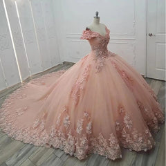 Misshow Off-Shoulder Ball Gown with 3D Floral Appliques Pink Tulle Quinceanera Dress with Sweep Train