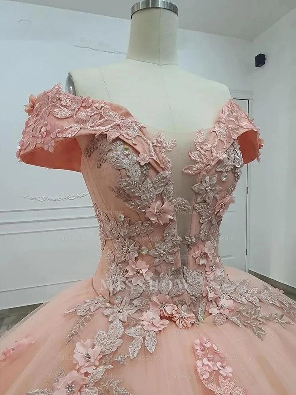 Misshow Off-Shoulder Ball Gown with 3D Floral Appliques Pink Tulle Quinceanera Dress with Sweep Train