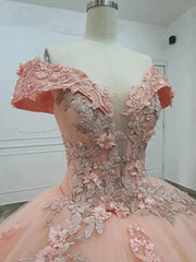 Misshow Off-Shoulder Ball Gown with 3D Floral Appliques Pink Tulle Quinceanera Dress with Sweep Train