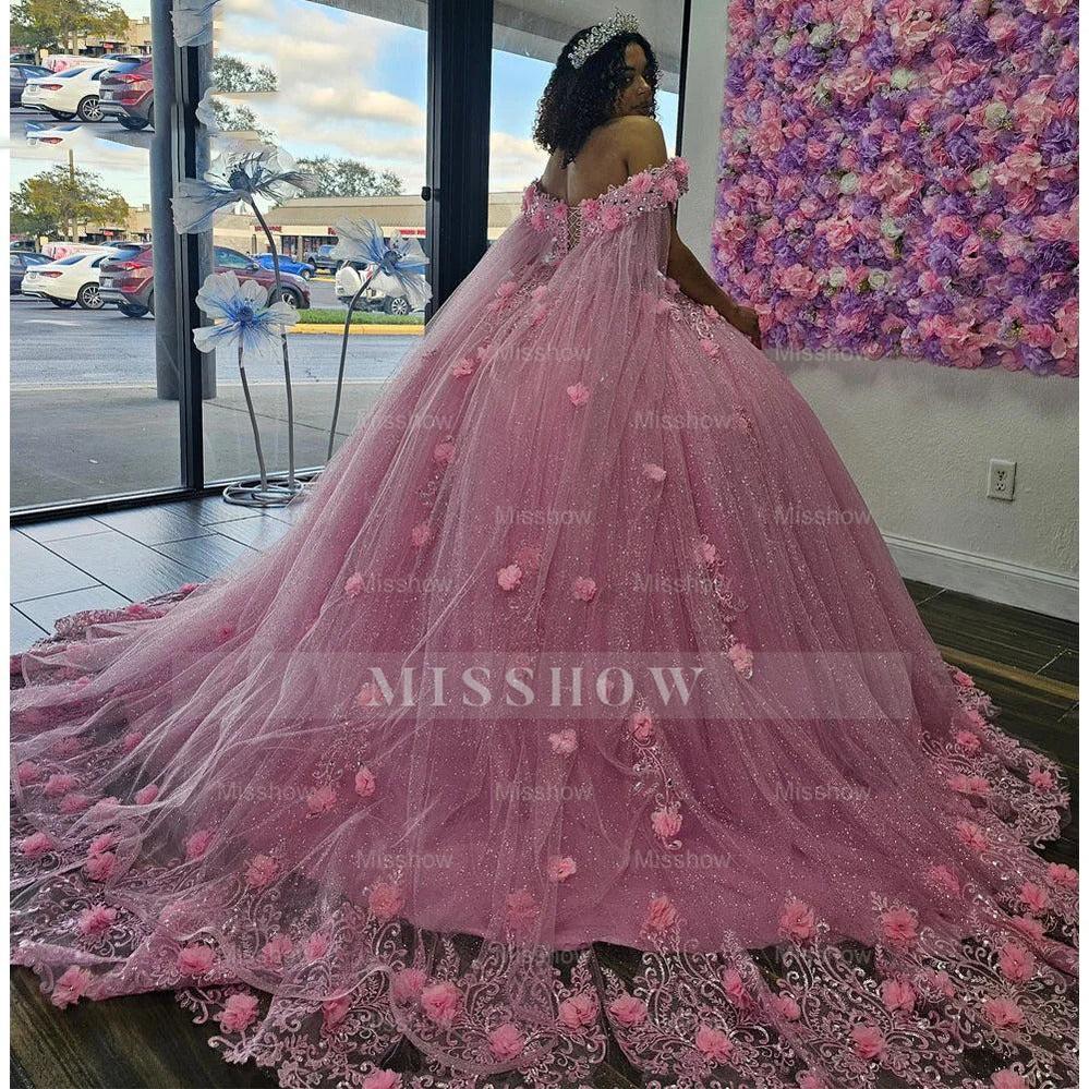 Misshow Off-Shoulder Ball Gown with 3D Floral Lace Appliques & Beaded Details Pink Tulle Quinceanera Dress for Sweet 16 & Birthday Celebrations