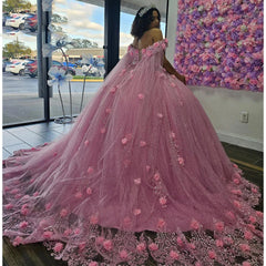 Misshow Off-Shoulder Ball Gown with 3D Floral Lace Appliques & Beaded Details Pink Tulle Quinceanera Dress for Sweet 16 & Birthday Celebrations