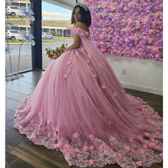Misshow Off-Shoulder Ball Gown with 3D Floral Lace Appliques & Beaded Details Pink Tulle Quinceanera Dress for Sweet 16 & Birthday Celebrations