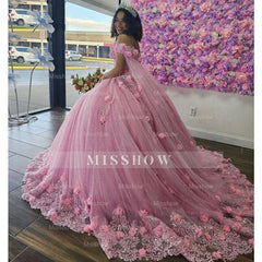 Misshow Off-Shoulder Ball Gown with 3D Floral Lace Appliques & Beaded Details Pink Tulle Quinceanera Dress for Sweet 16 & Birthday Celebrations