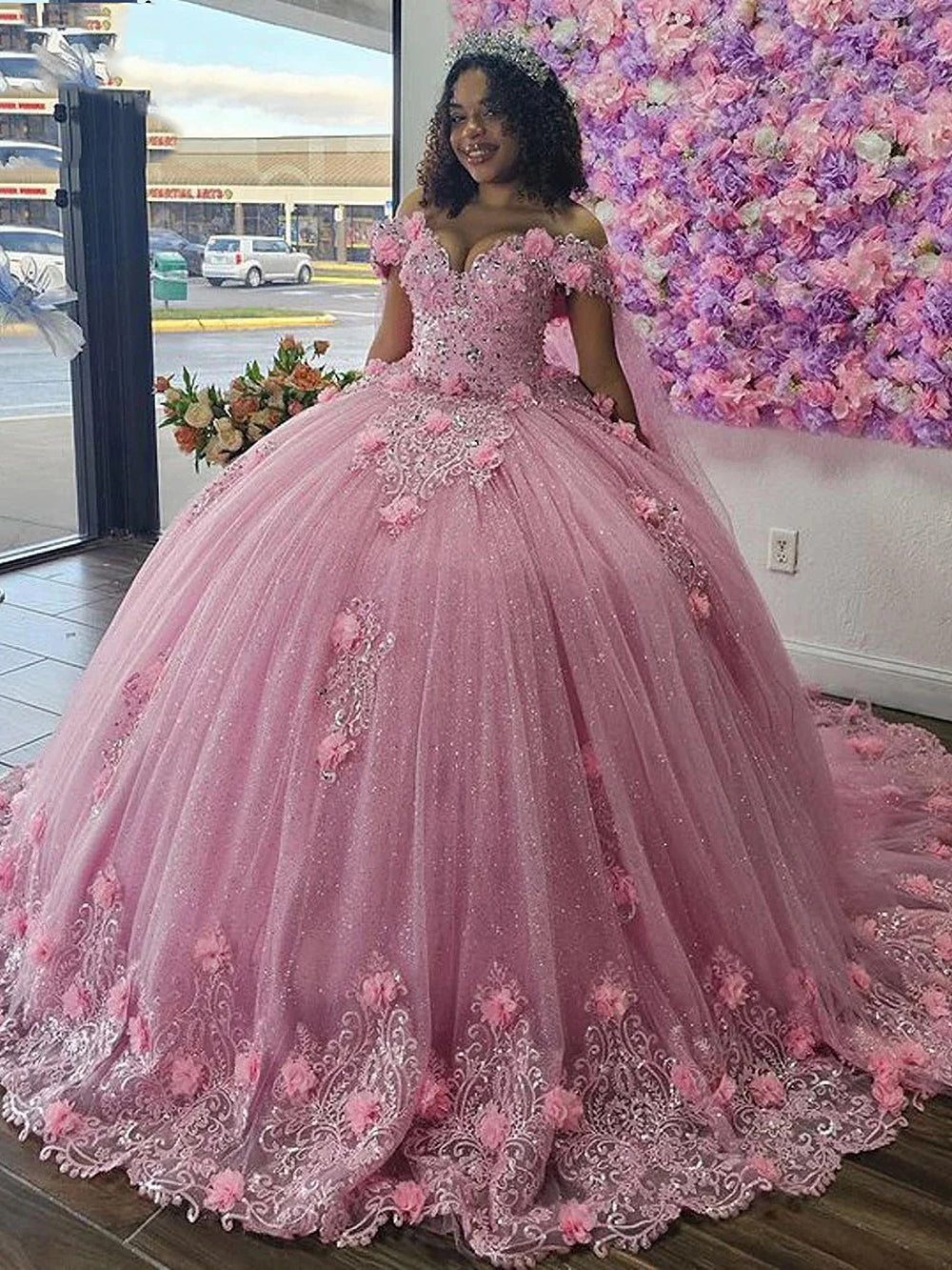 Misshow Off-Shoulder Ball Gown with 3D Floral Lace Appliques & Beaded Details Pink Tulle Quinceanera Dress for Sweet 16 & Birthday Celebrations