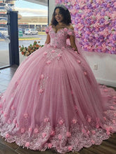 Misshow Off-Shoulder Ball Gown with 3D Floral Lace Appliques & Beaded Details Pink Tulle Quinceanera Dress for Sweet 16 & Birthday Celebrations