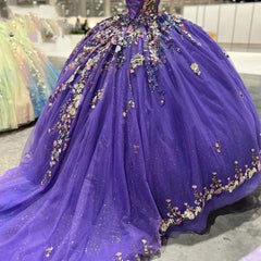 Misshow Off-Shoulder Ball Gown with 3D Floral Lace Appliques & Beaded Purple Tulle Perfect for Quinceanera Sweet 16 or Birthday Princess