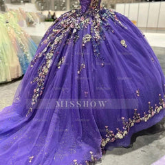 Misshow Off-Shoulder Ball Gown with 3D Floral Lace Appliques & Beaded Purple Tulle Perfect for Quinceanera Sweet 16 or Birthday Princess