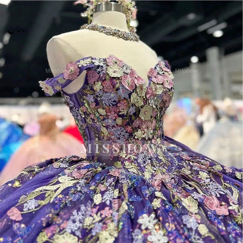 Misshow Off-Shoulder Ball Gown with 3D Floral Lace Appliques & Beaded Purple Tulle Perfect for Quinceanera Sweet 16 or Birthday Princess