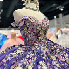 Misshow Off-Shoulder Ball Gown with 3D Floral Lace Appliques & Beaded Purple Tulle Perfect for Quinceanera Sweet 16 or Birthday Princess