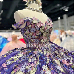 Misshow Off-Shoulder Ball Gown with 3D Floral Lace Appliques & Beaded Purple Tulle Perfect for Quinceanera Sweet 16 or Birthday Princess