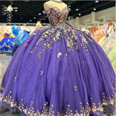 Misshow Off-Shoulder Ball Gown with 3D Floral Lace Appliques & Beaded Purple Tulle Perfect for Quinceanera Sweet 16 or Birthday Princess