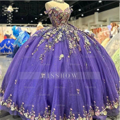 Misshow Off-Shoulder Ball Gown with 3D Floral Lace Appliques & Beaded Purple Tulle Perfect for Quinceanera Sweet 16 or Birthday Princess