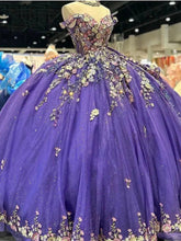Misshow Off-Shoulder Ball Gown with 3D Floral Lace Appliques & Beaded Purple Tulle Perfect for Quinceanera Sweet 16 or Birthday Princess