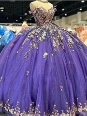 Misshow Off-Shoulder Ball Gown with 3D Floral Lace Appliques & Beaded Purple Tulle Perfect for Quinceanera Sweet 16 or Birthday Princess