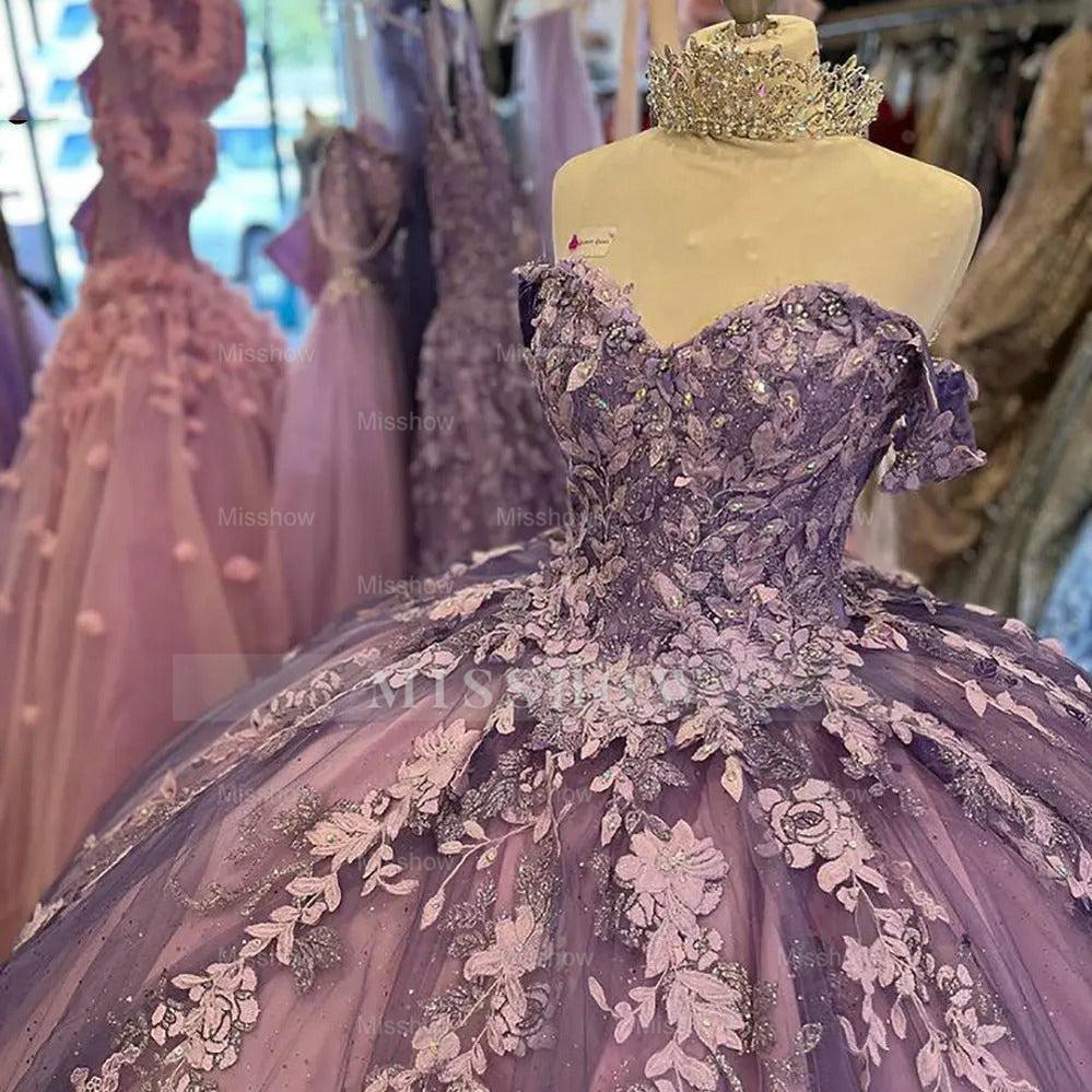 Misshow Off-Shoulder Ball Gown with 3D Floral Lace Appliques Glitter & Luxury Quinceanera Dress for Sweet 16 & Birthday Parties