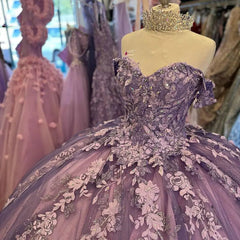 Misshow Off-Shoulder Ball Gown with 3D Floral Lace Appliques Glitter & Luxury Quinceanera Dress for Sweet 16 & Birthday Parties