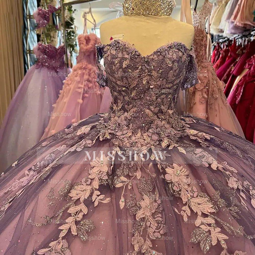 Misshow Off-Shoulder Ball Gown with 3D Floral Lace Appliques Glitter & Luxury Quinceanera Dress for Sweet 16 & Birthday Parties